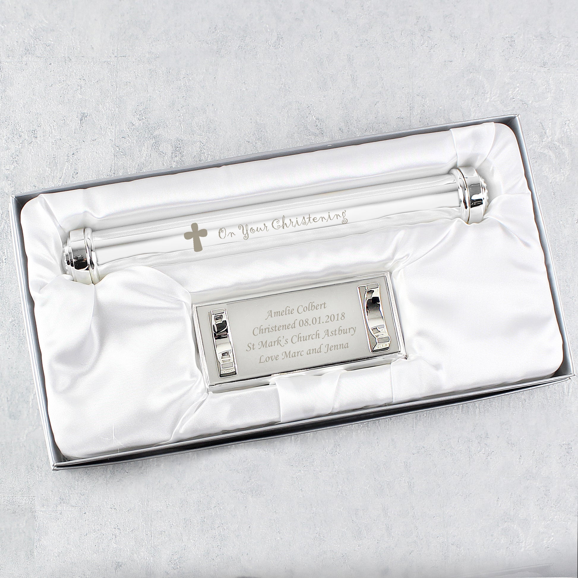 Personalised Christening Cross Silver Plated Certificate Holder - image 4