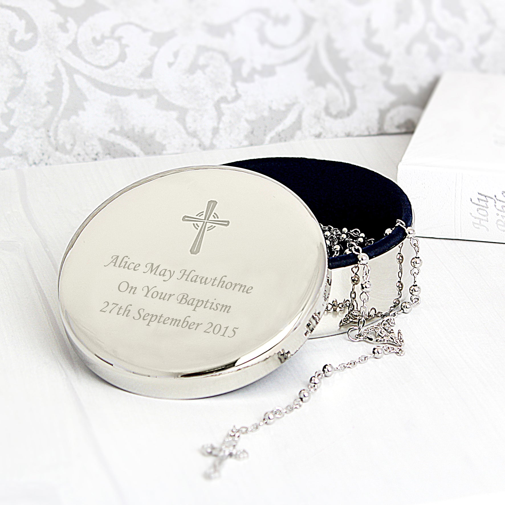 Personalised Rosary Beads and Cross Round Trinket Box - image 5