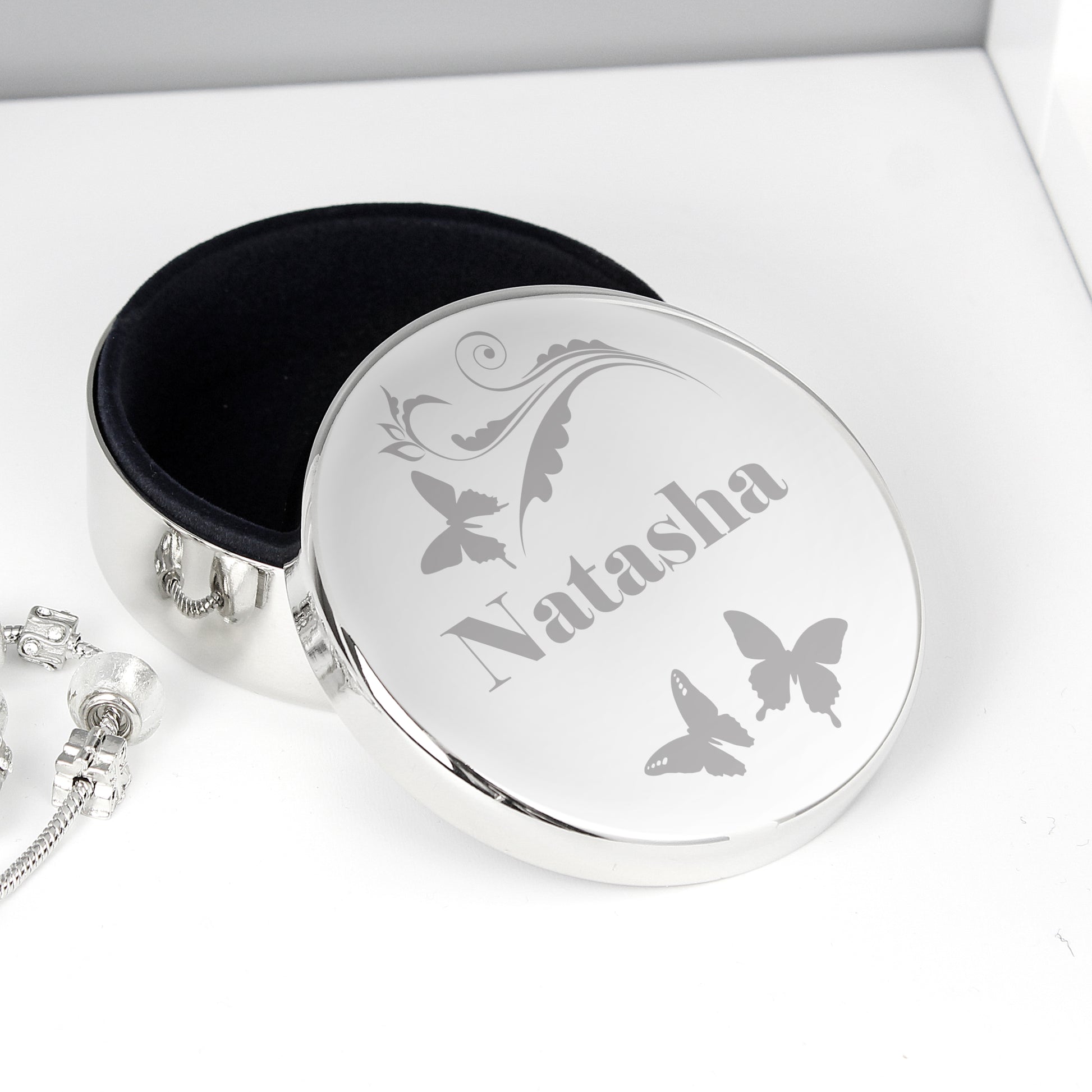 Personalised Butterfly Swirl Round Trinket Box from Heartfelt Gifts
