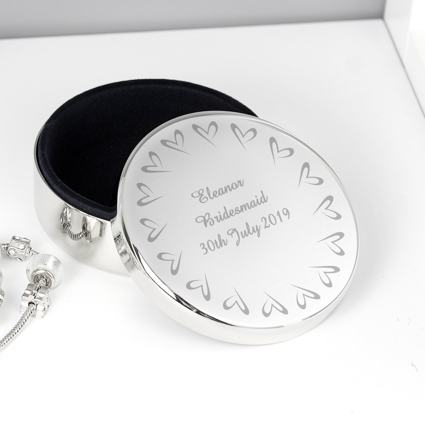 Personalised Small Hearts Round Trinket Box from Heartfelt Gifts