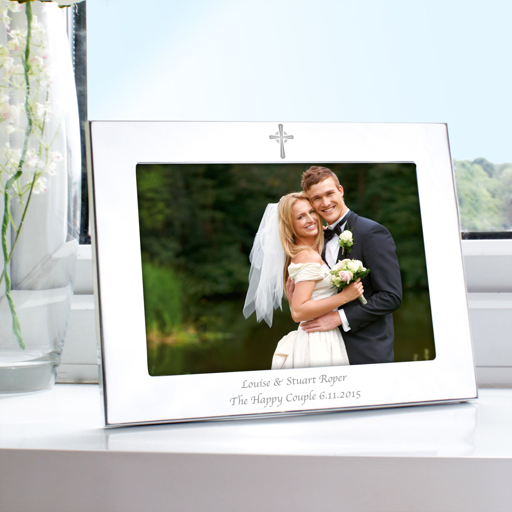 Personalised Silver 5x7 Landscape Cross Photo Frame from Heartfelt Gifts