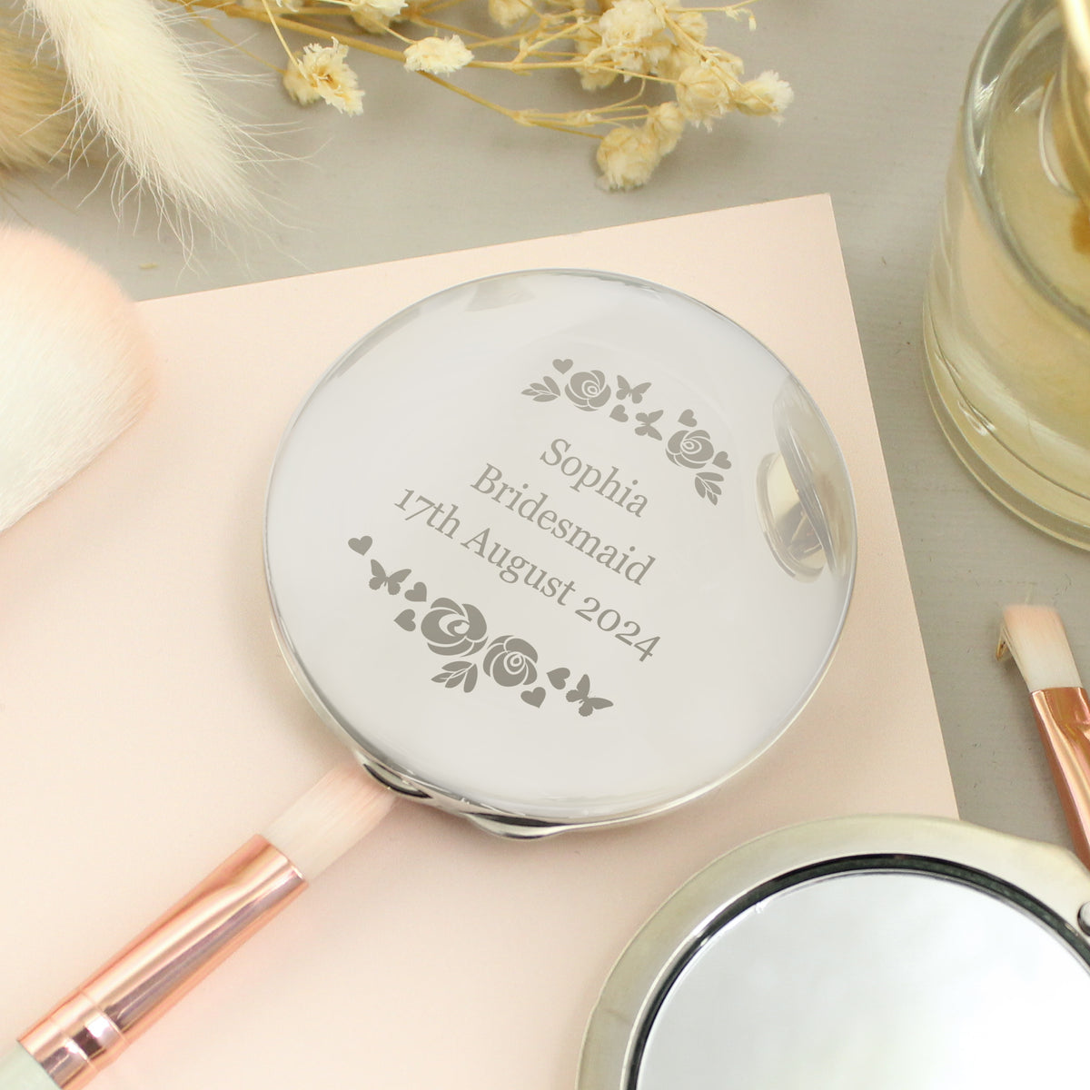 Vintage Rose compact mirror personalised with a three-line message