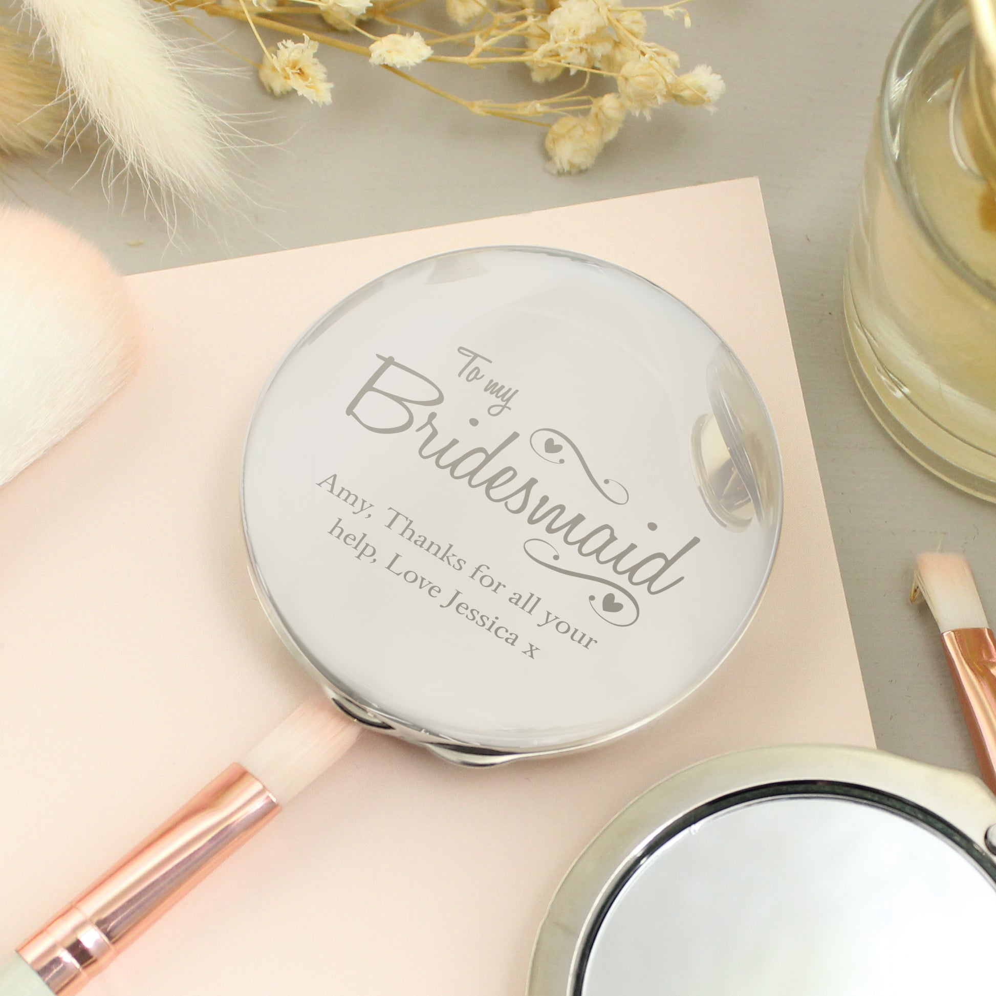 Personalised Bridesmaid Swirls & Hearts Compact Mirror from Heartfelt Gifts