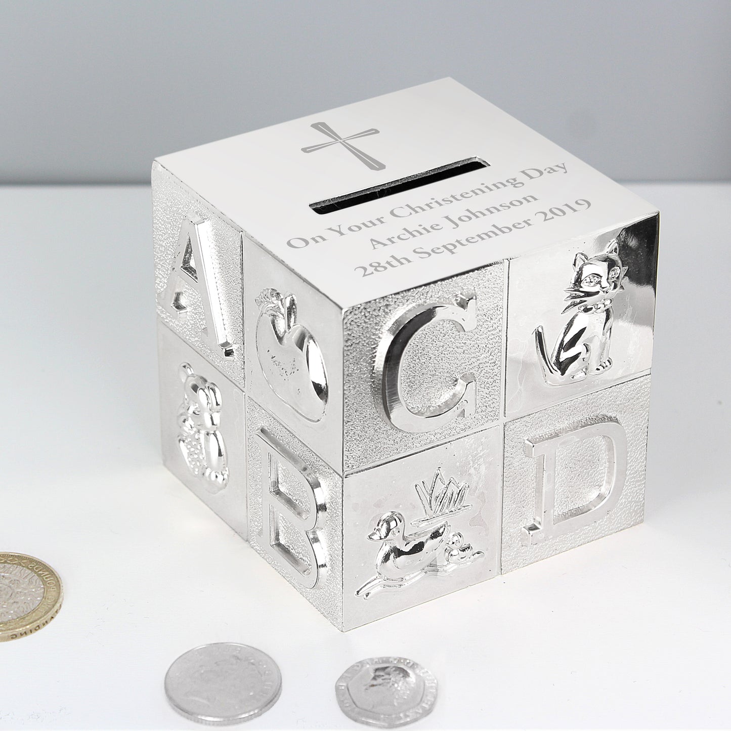 Personalised Cross ABC Money Box from Heartfelt Gifts