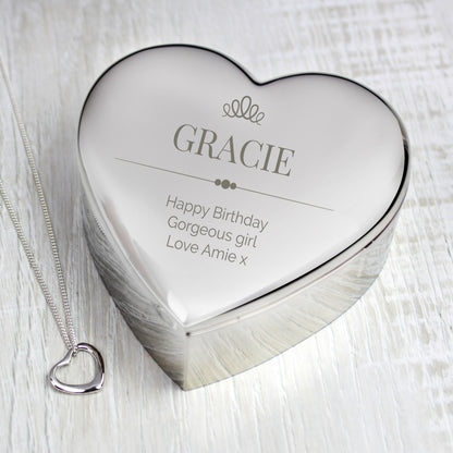 Personalised Elegant Crown Heart Trinket Box & Sterling Silver Necklace Set from Heartfelt Gifts