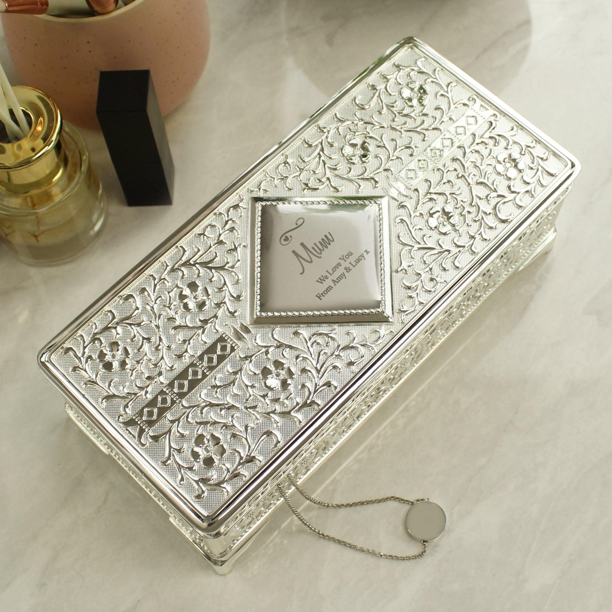 Personalised Swirls & Hearts Antique Silver Plated Jewellery Box - image 3