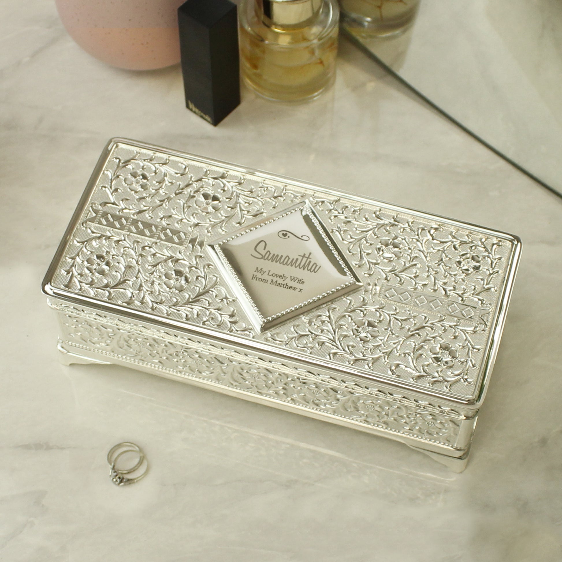 Personalised Swirls & Hearts Antique Silver Plated Jewellery Box - image 4