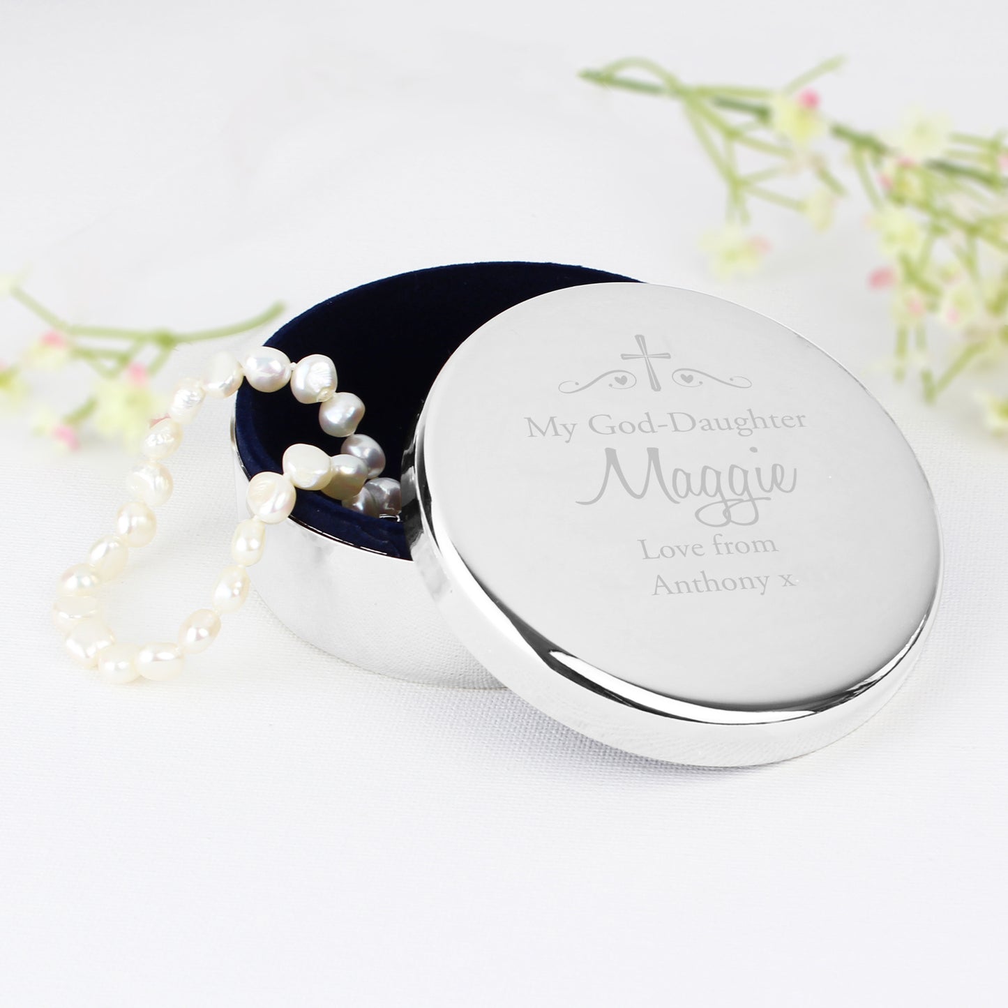 Personalised Religious Swirls & Hearts Round Trinket Box - image 7