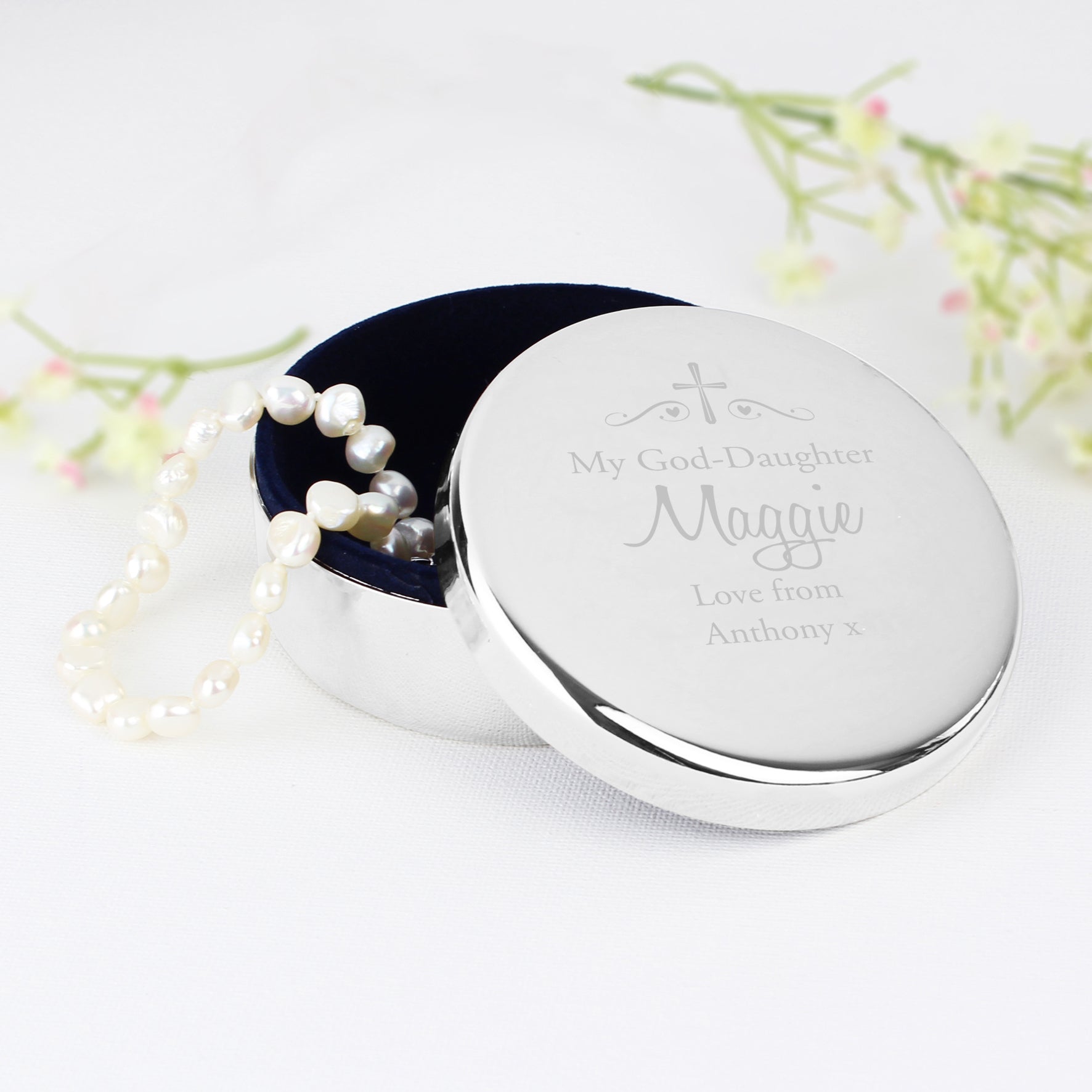 Personalised Religious Swirls & Hearts Round Trinket Box - image 7