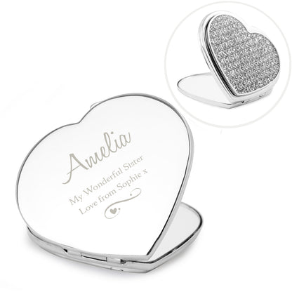 Diamante heart compact mirror with custom message example