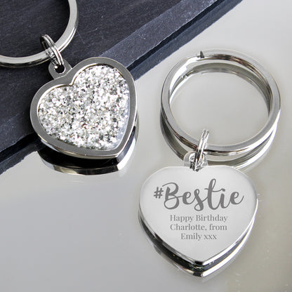 Personalised #Bestie Diamante Heart Keyring from Heartfelt Gifts