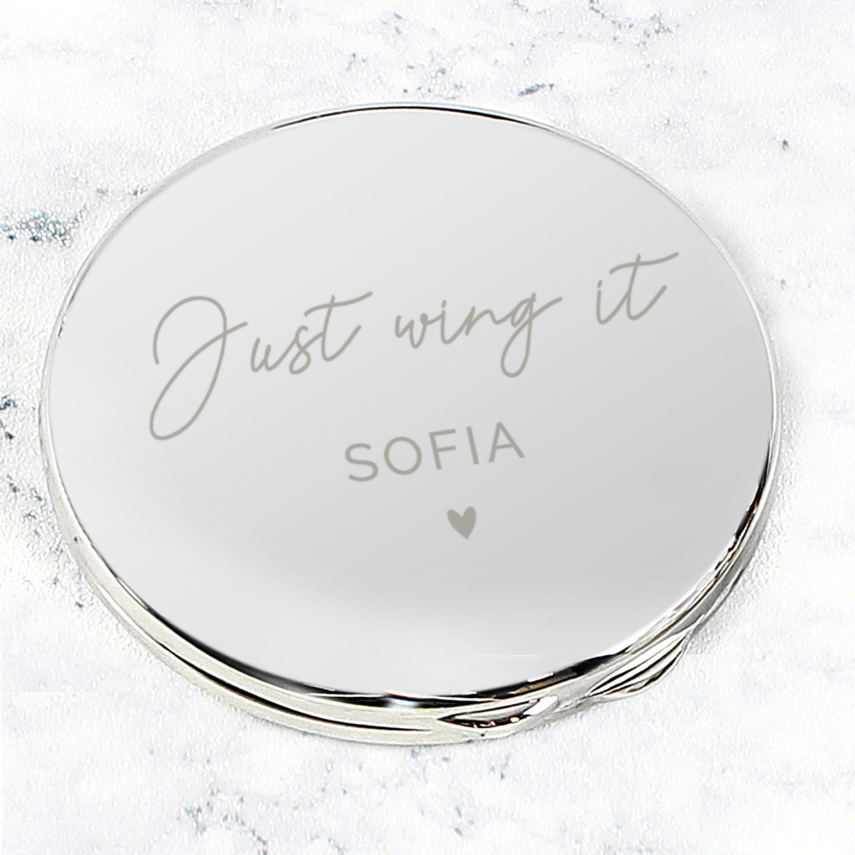 Beautiful compact mirror shown closed with custom wording