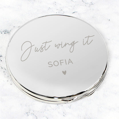 Beautiful compact mirror shown closed with custom wording
