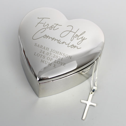 Personalised First Holy Communion Heart Trinket Box & Cross Necklace Set from Heartfelt Gifts