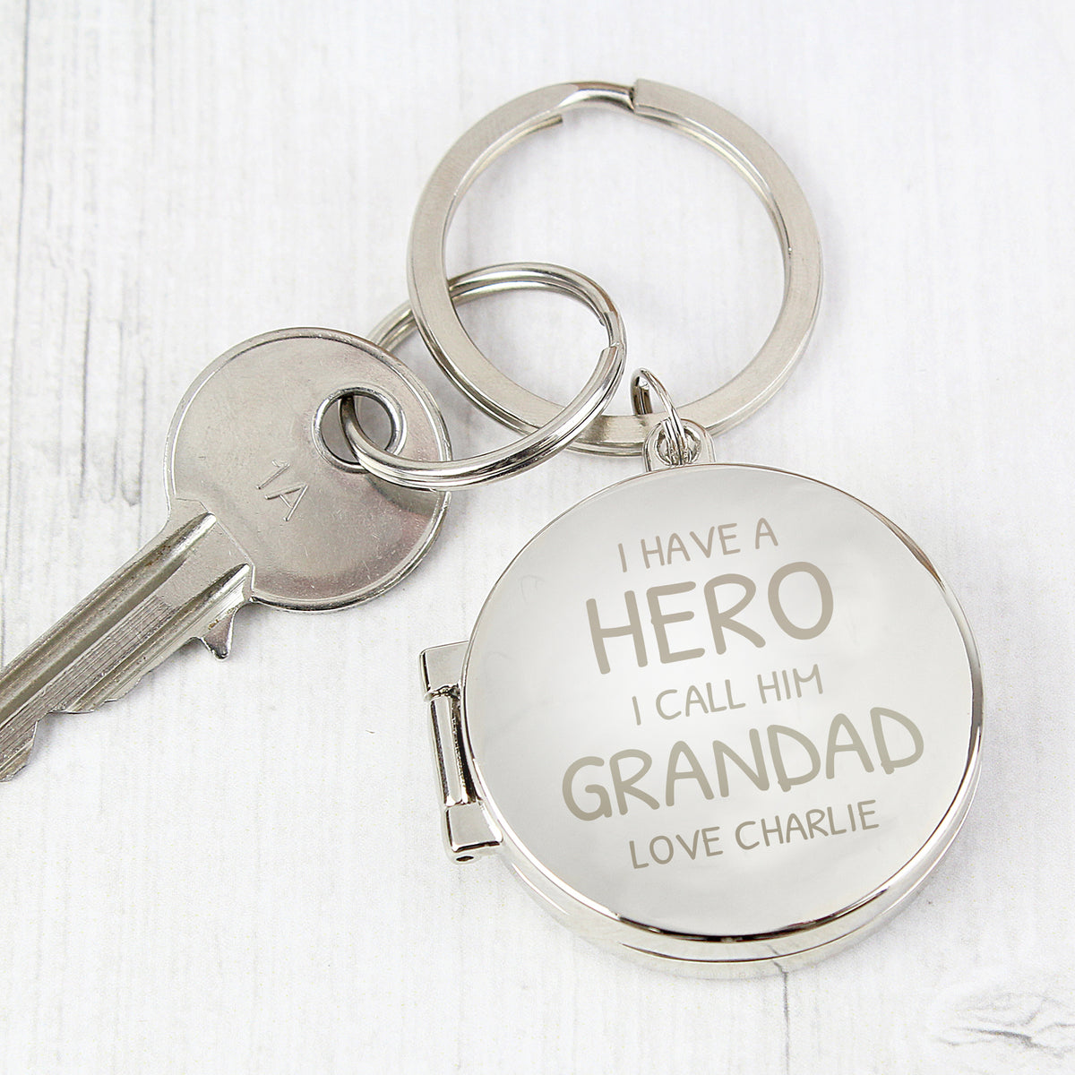 Personalised I Have A Hero Round Photo Keyring from Heartfelt Gifts