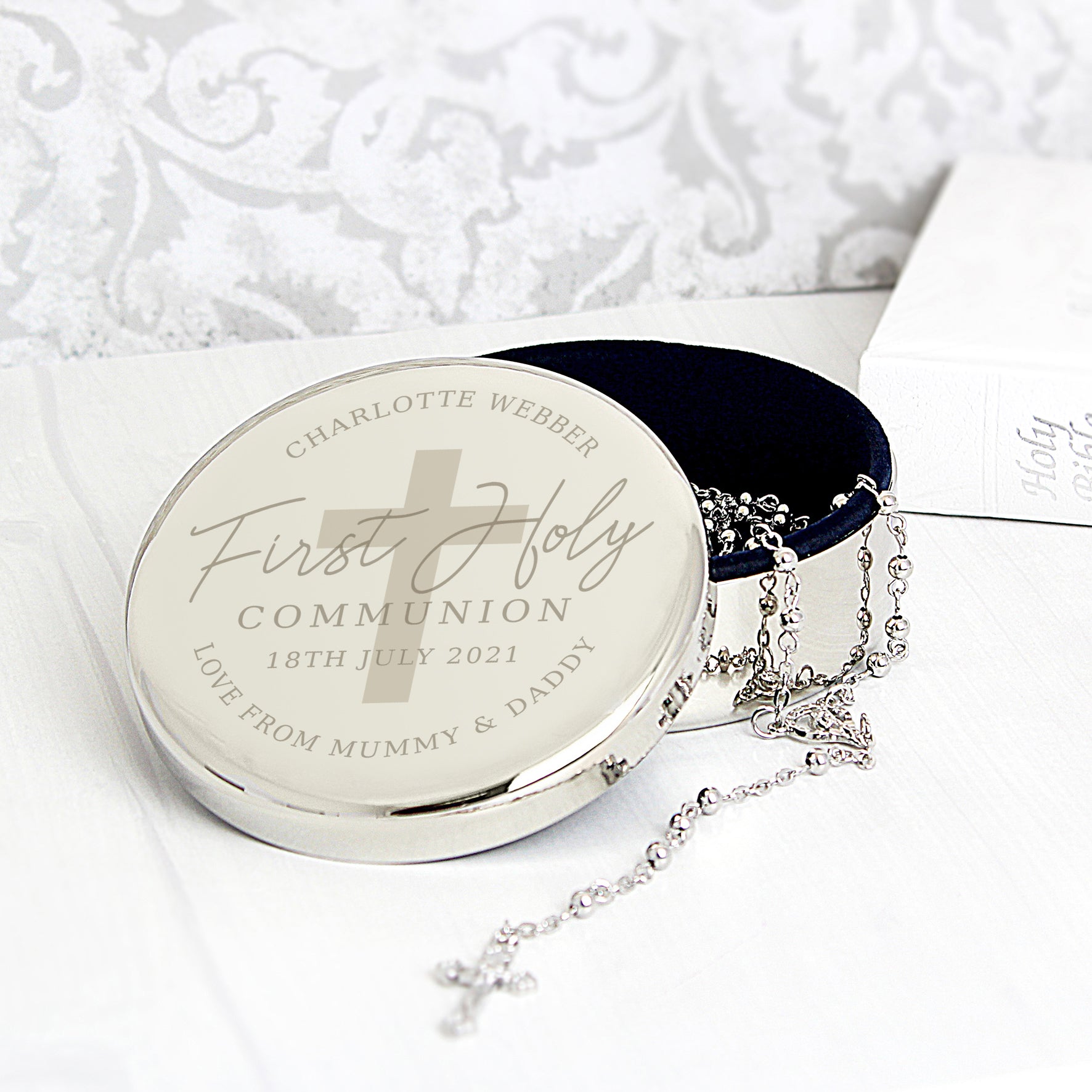 Personalised First Holy Communion Round Trinket Box & Rosary Beads Set from Heartfelt Gifts