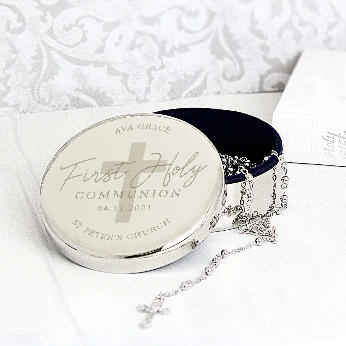Personalised First Holy Communion Round Trinket Box & Rosary Beads Set - image 3