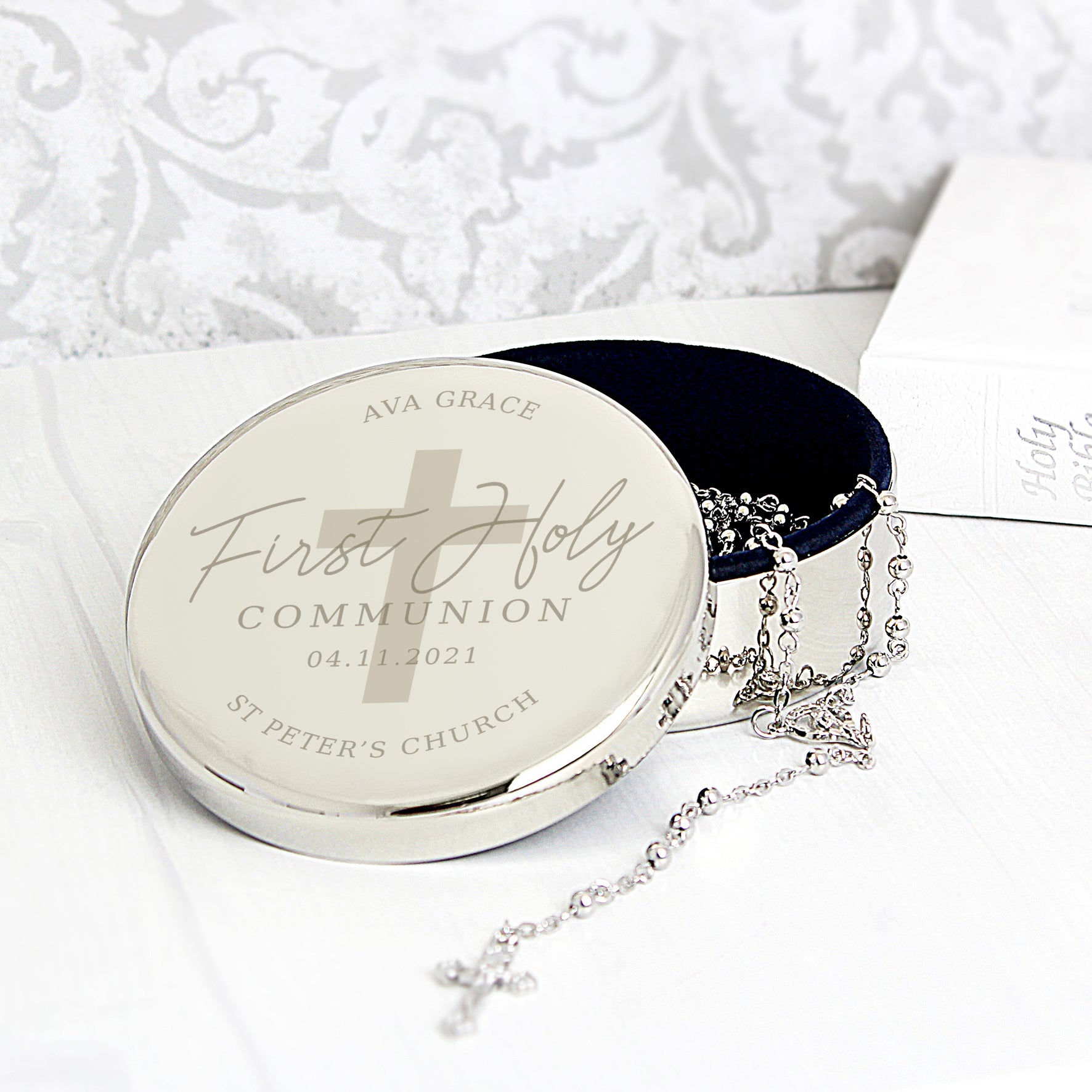Personalised First Holy Communion Round Trinket Box & Rosary Beads Set - image 3