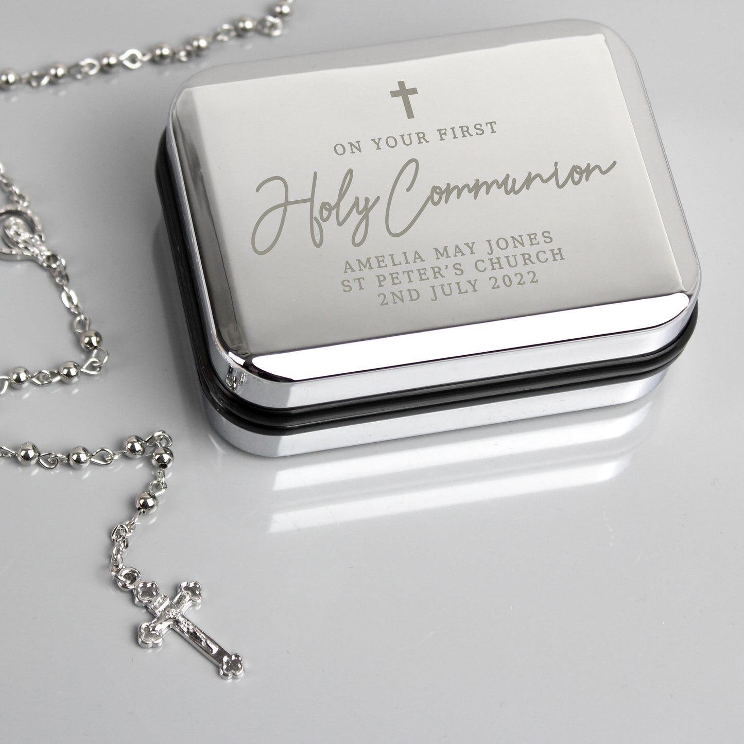 Personalised First Holy Communion Rosary Beads and Cross Trinket Box - image 2