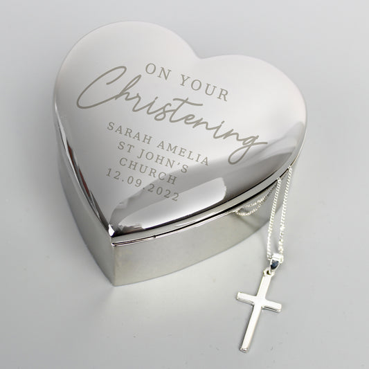 Personalised Christening Heart Trinket Box & Cross Necklace Set from Heartfelt Gifts