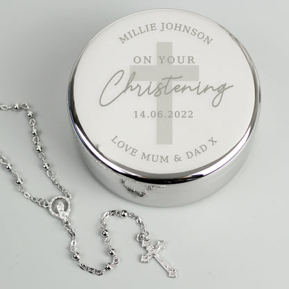 Personalised Christening Round Trinket Box & Rosary Beads Set from Heartfelt Gifts