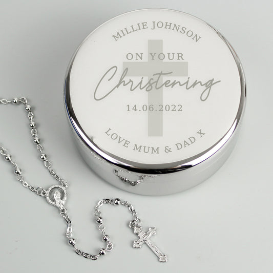 Personalised Christening Round Trinket Box & Rosary Beads Set from Heartfelt Gifts
