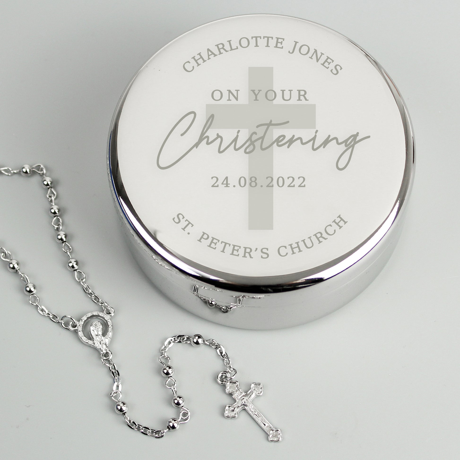 Personalised Christening Round Trinket Box & Rosary Beads Set - image 2