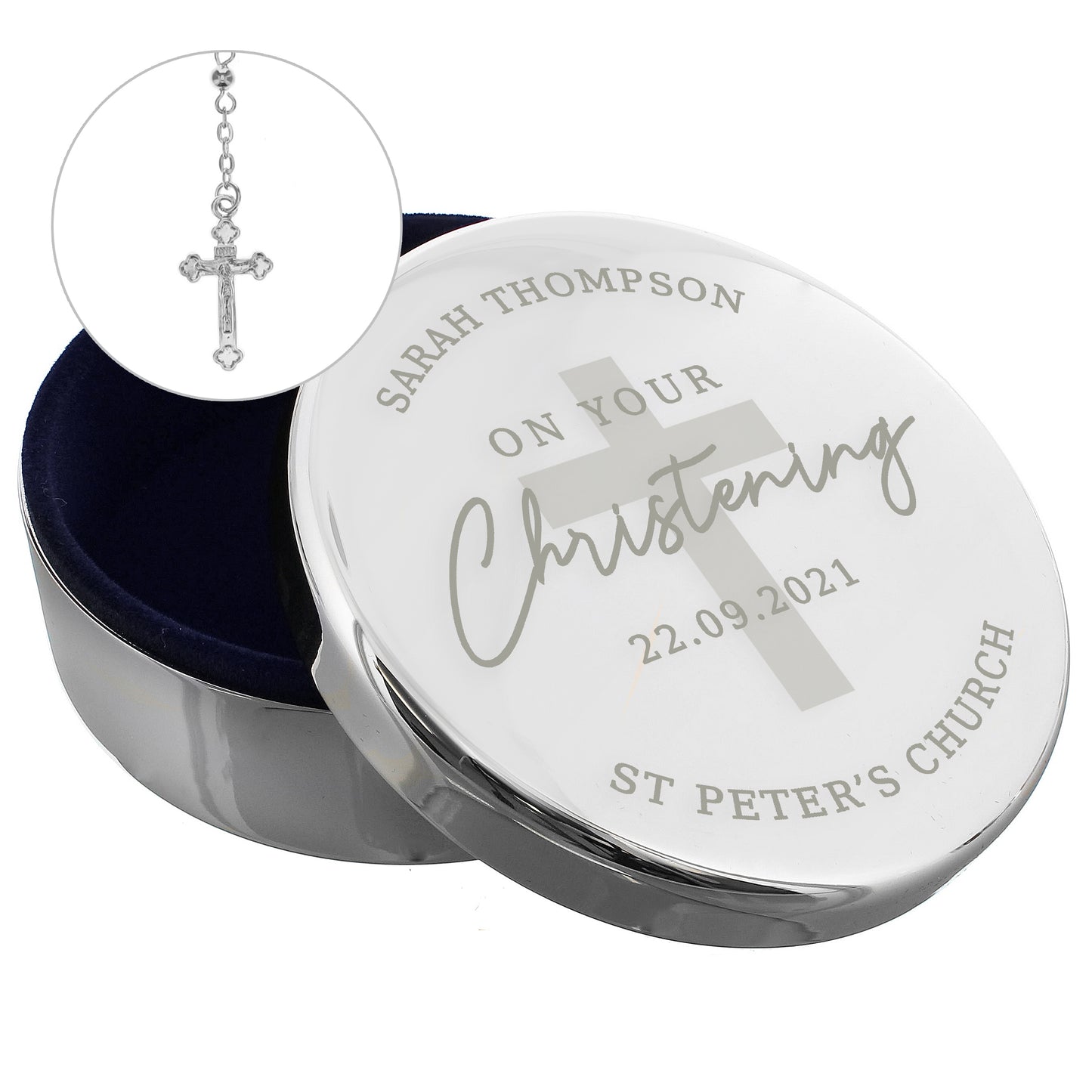 Personalised Christening Round Trinket Box & Rosary Beads Set - image 3