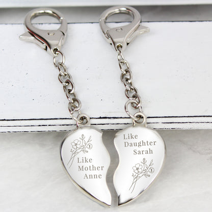 Personalised Floral Mother Daughter Two Heart Keyring - image 2