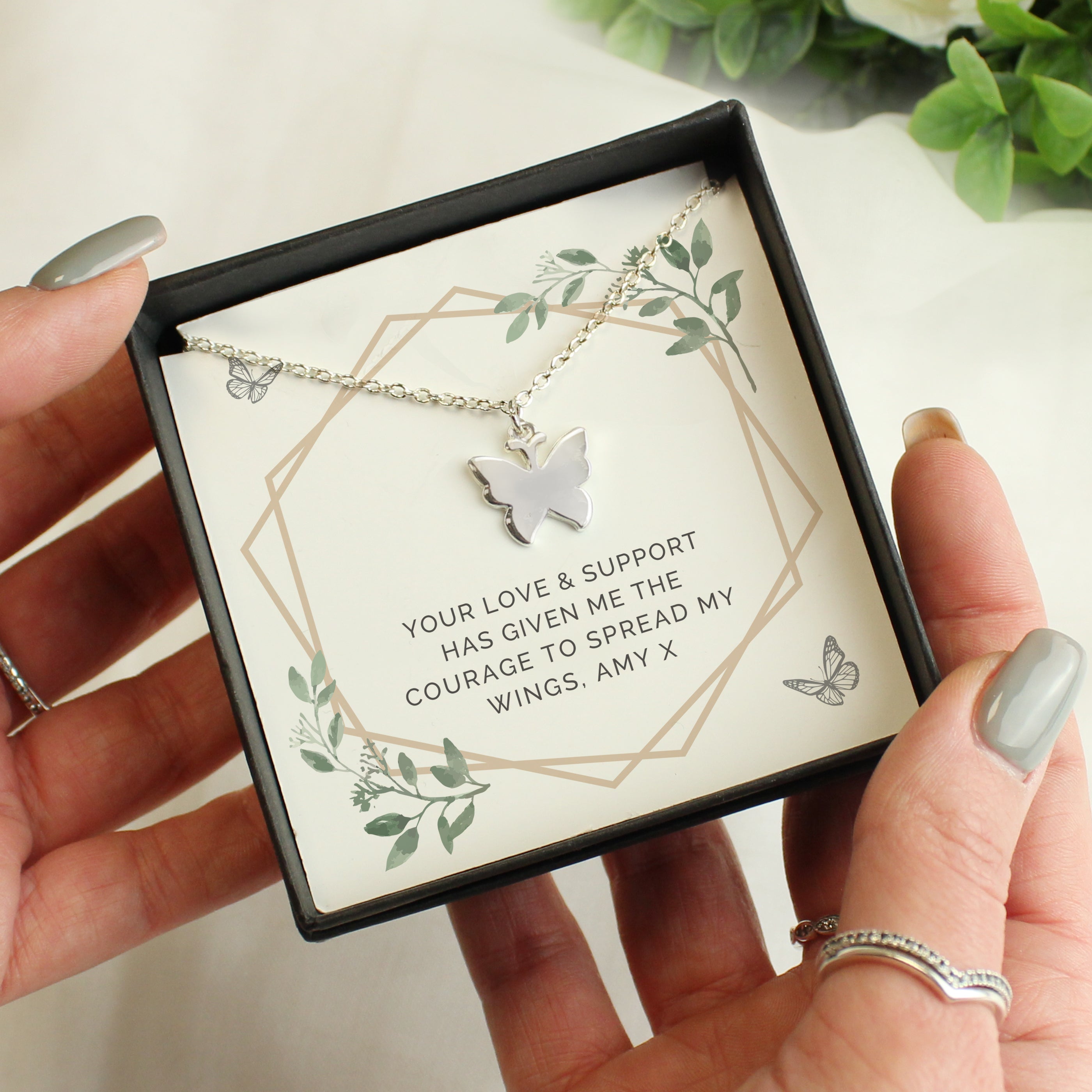 Personalised Botanical Sentiment Butterfly Necklace and Box from Heartfelt Gifts