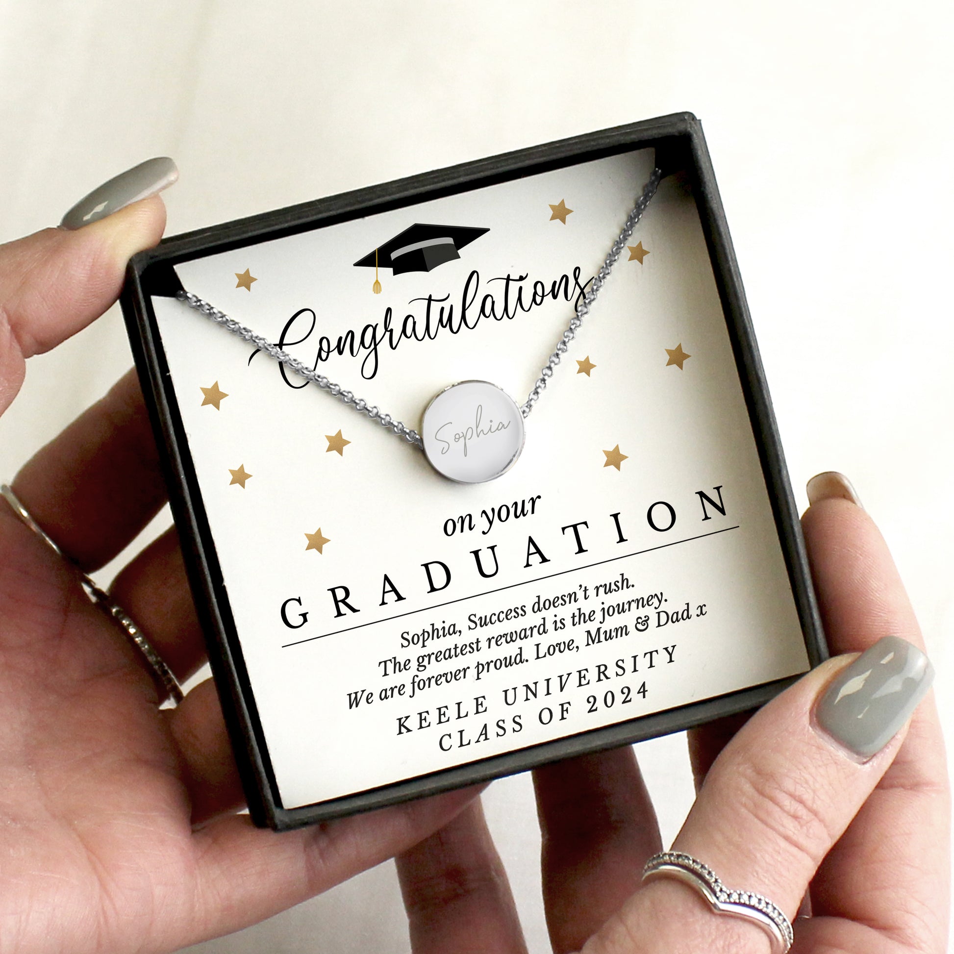 Personalised Graduation Sentiment Silver Tone Necklace and Box from Heartfelt Gifts