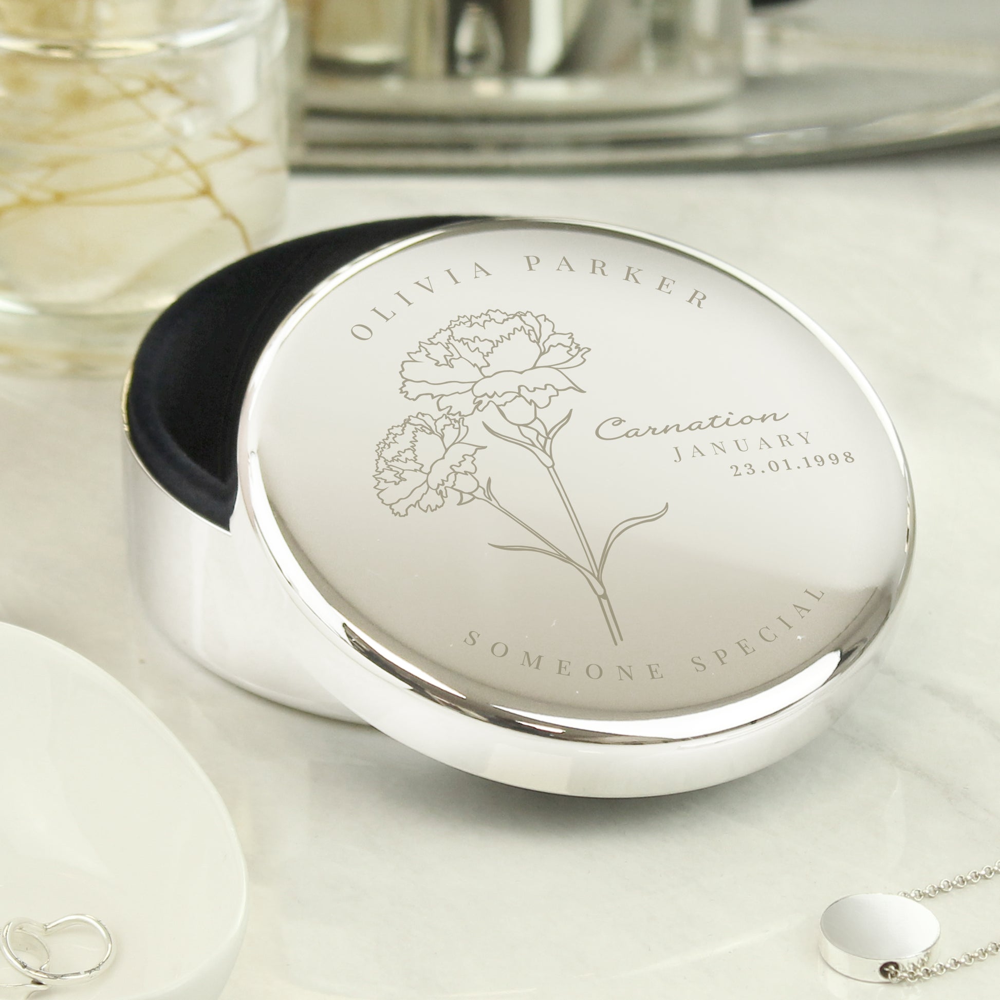 Personalised January Birth Flower Round Trinket Box - image 3