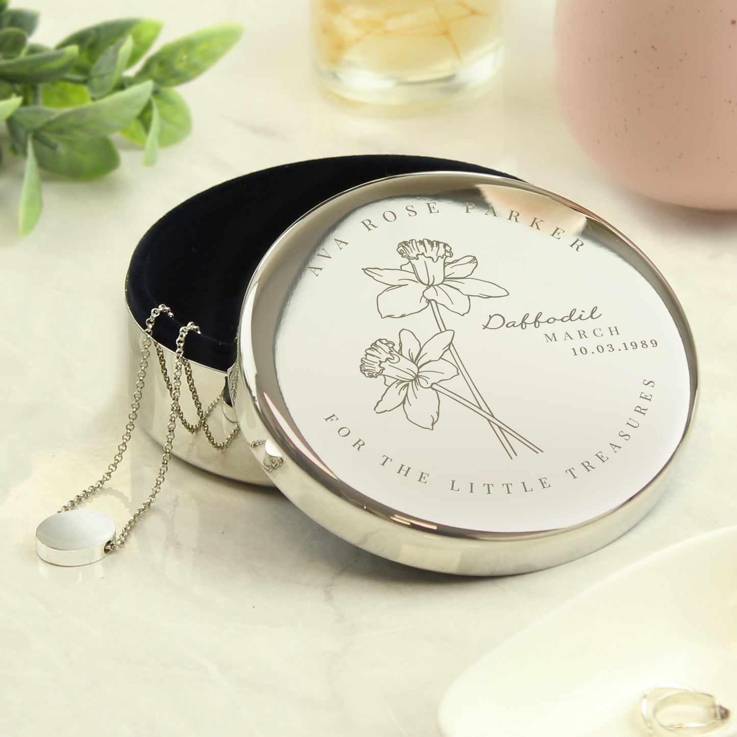 Personalised March Birth Flower Round Trinket Box from Heartfelt Gifts