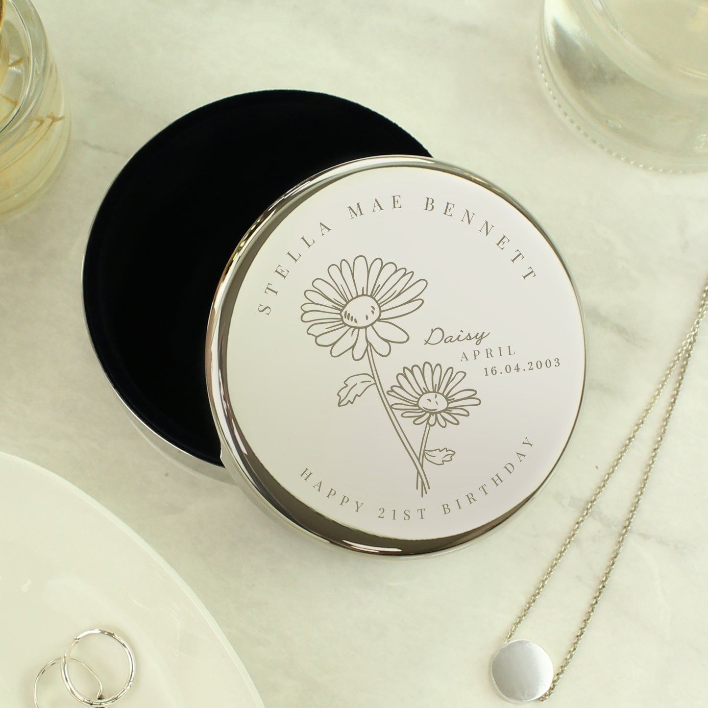 Personalised April Birth Flower Round Trinket Box - image 2