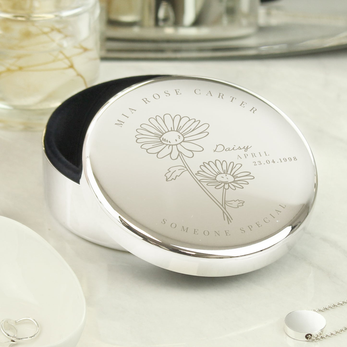 Personalised April Birth Flower Round Trinket Box - image 3