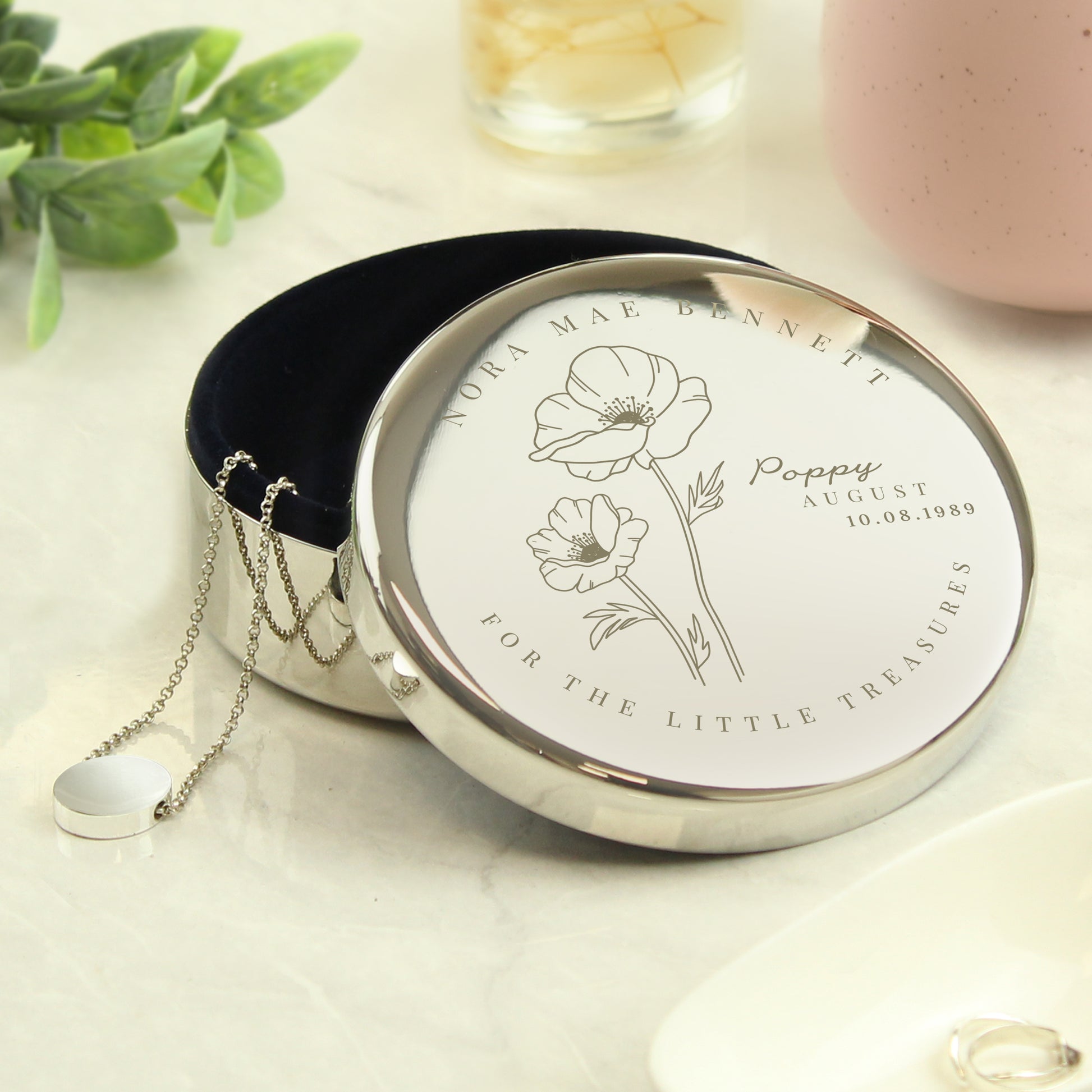 Personalised August Birth Flower Round Trinket Box from Heartfelt Gifts