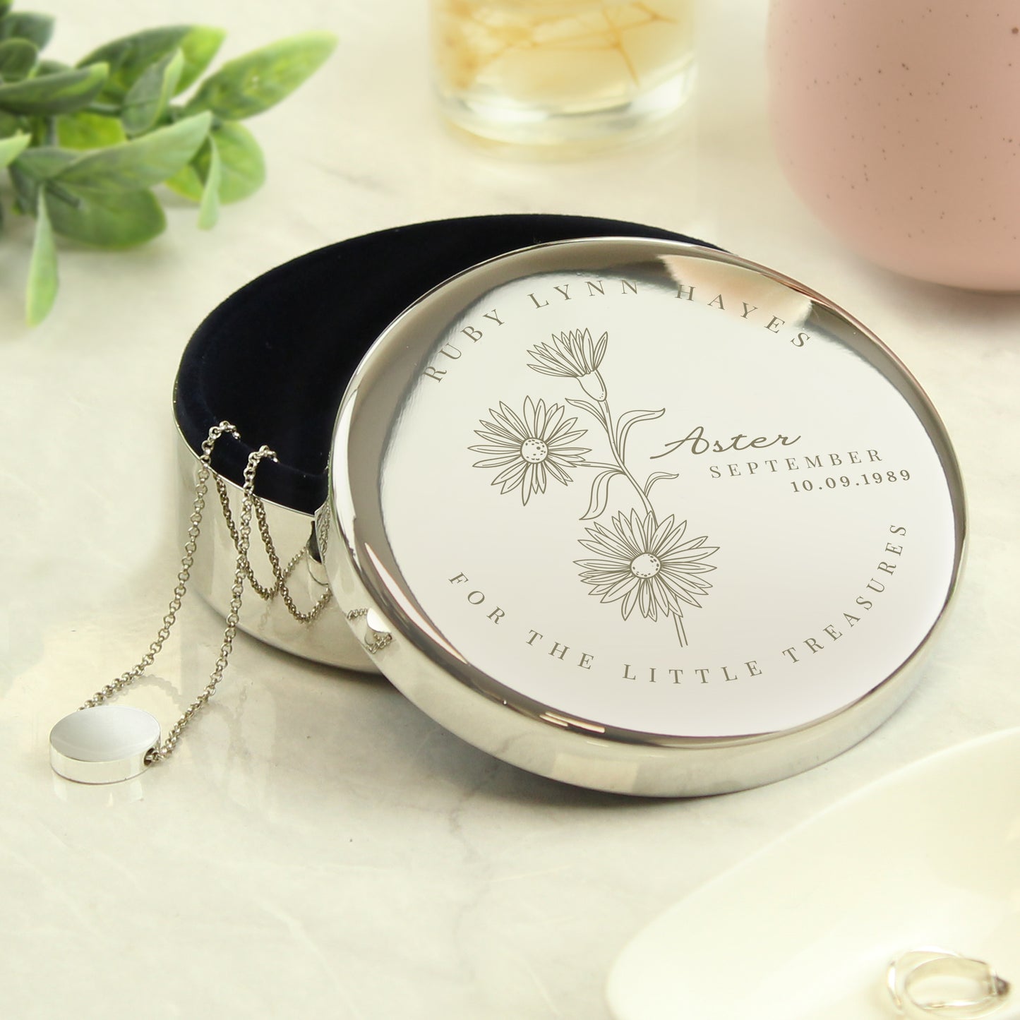 Personalised September Birth Flower Round Trinket Box from Heartfelt Gifts