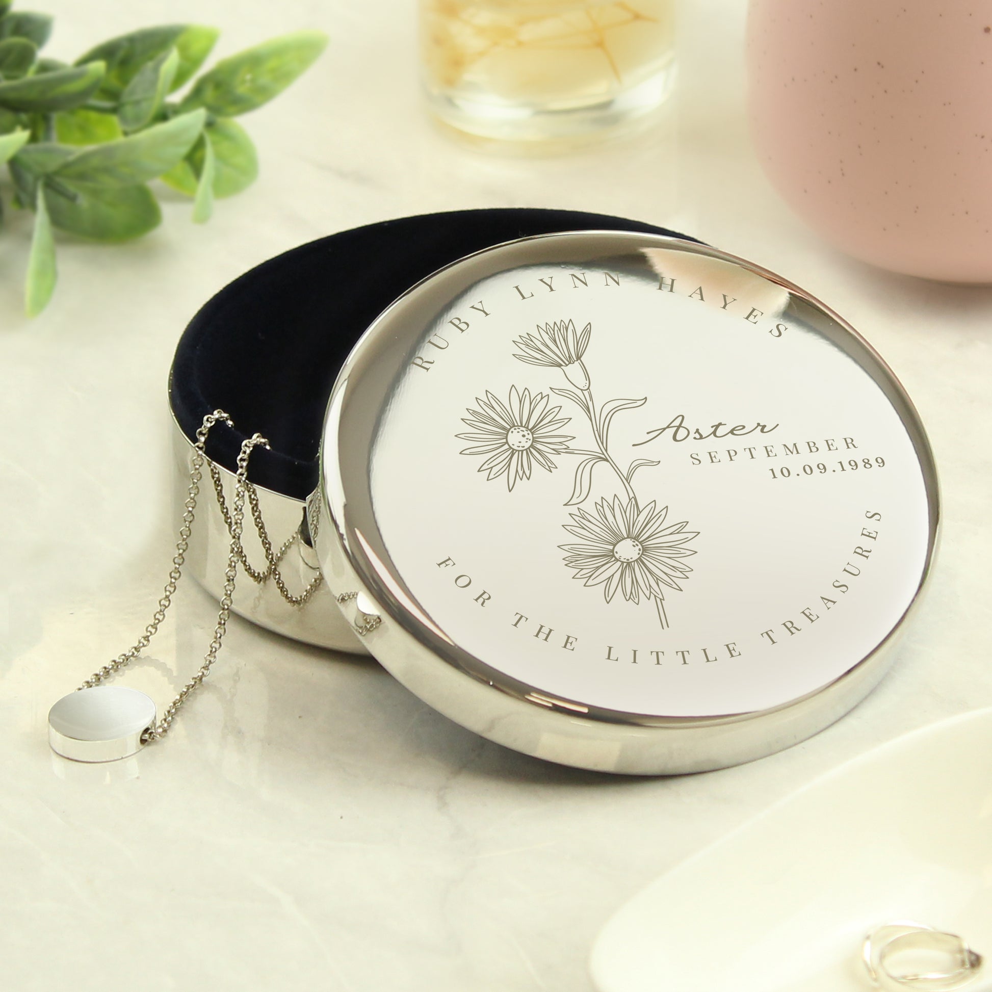 Personalised September Birth Flower Round Trinket Box from Heartfelt Gifts