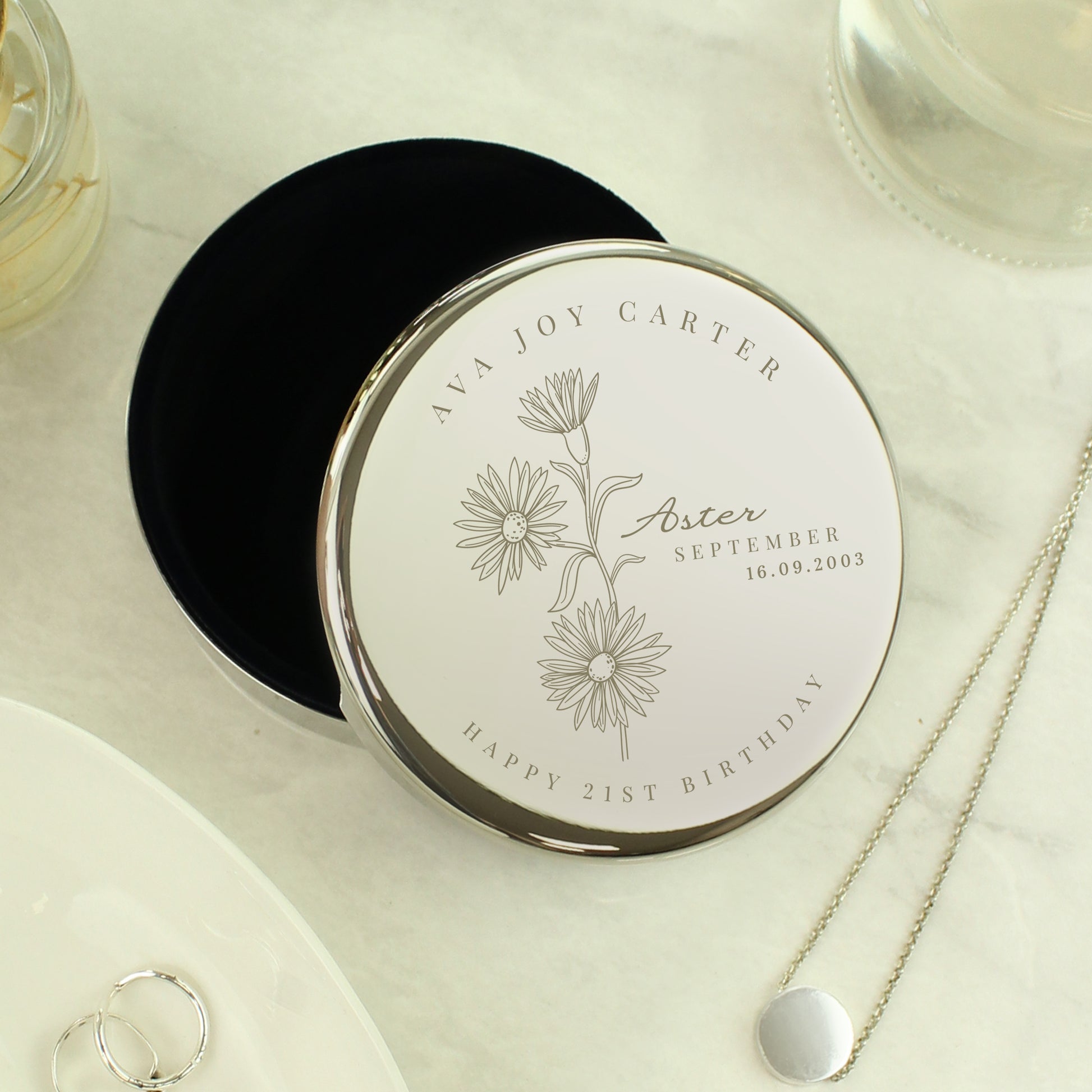 Personalised September Birth Flower Round Trinket Box - image 2