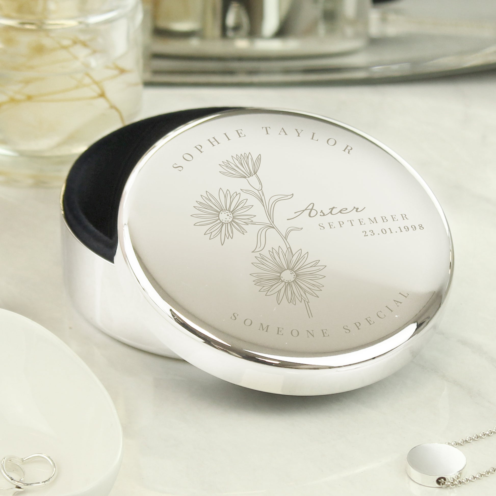 Personalised September Birth Flower Round Trinket Box - image 3