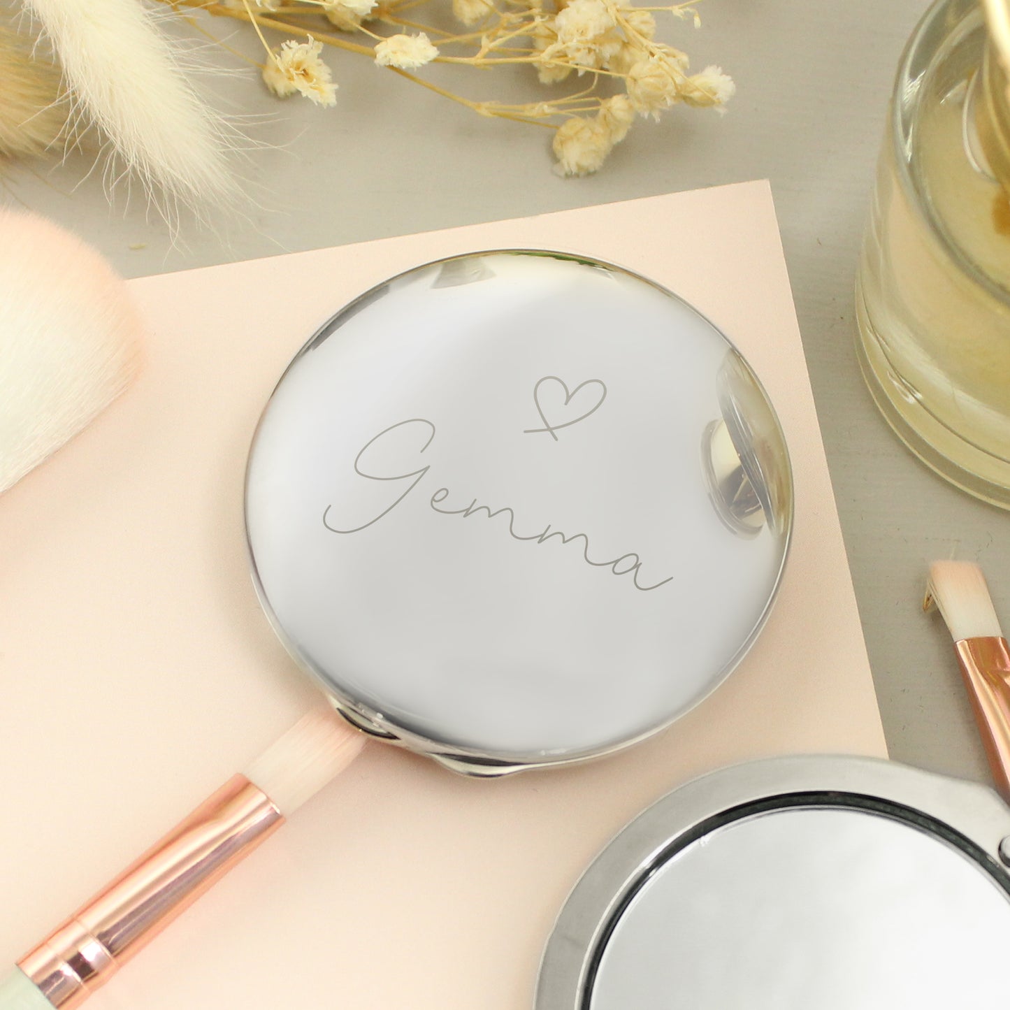 Personalised Silver Heart Motif Round Compact mirror - image 3