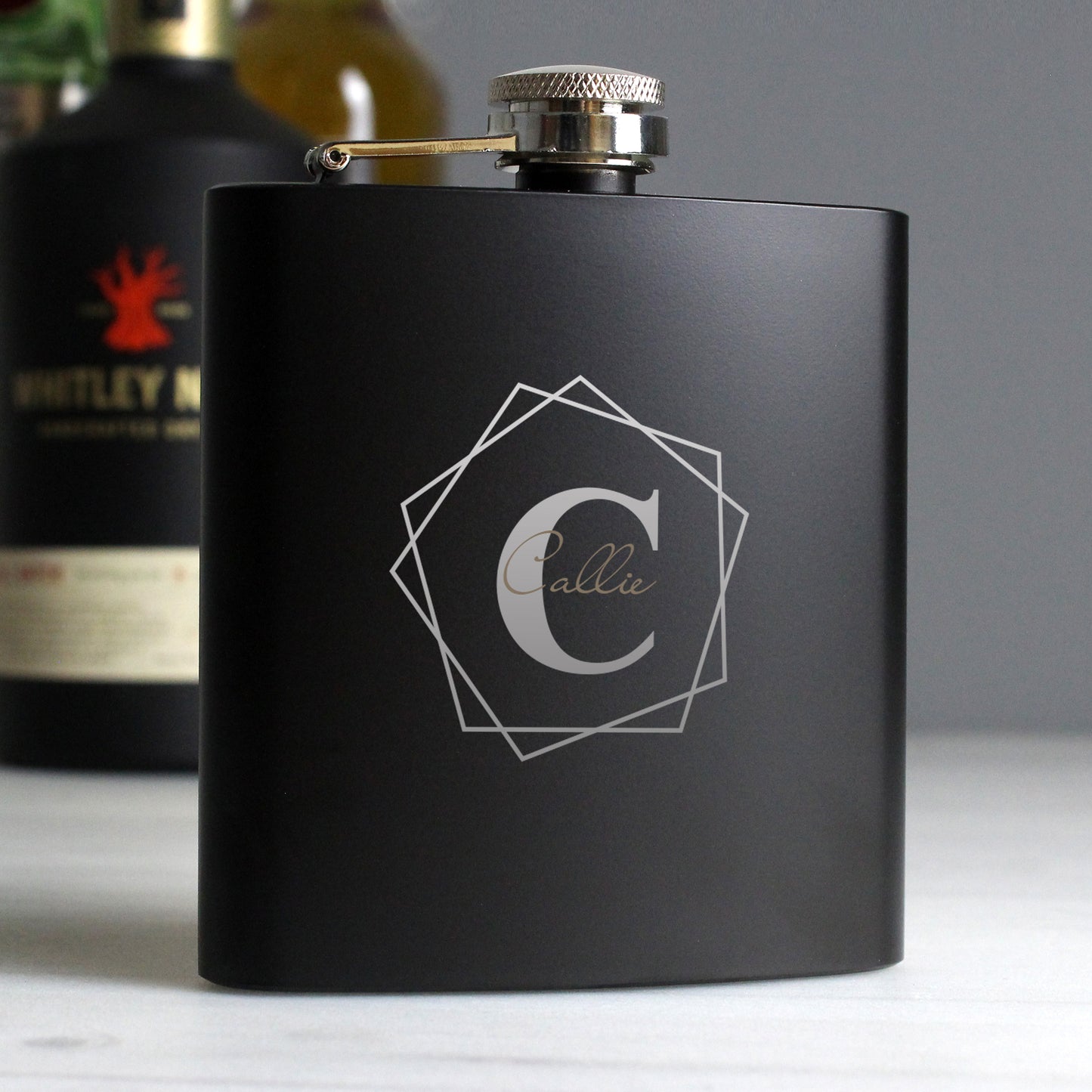 Personalised Geometric Initial Black Hip Flask from Heartfelt Gifts