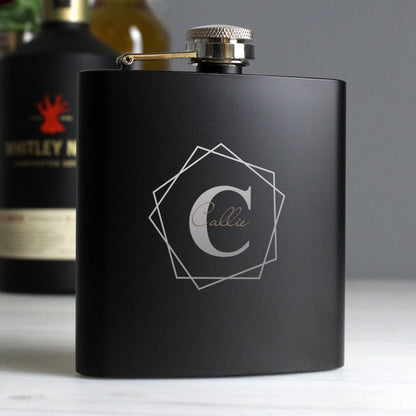 Personalised Geometric Initial Black Hip Flask from Heartfelt Gifts