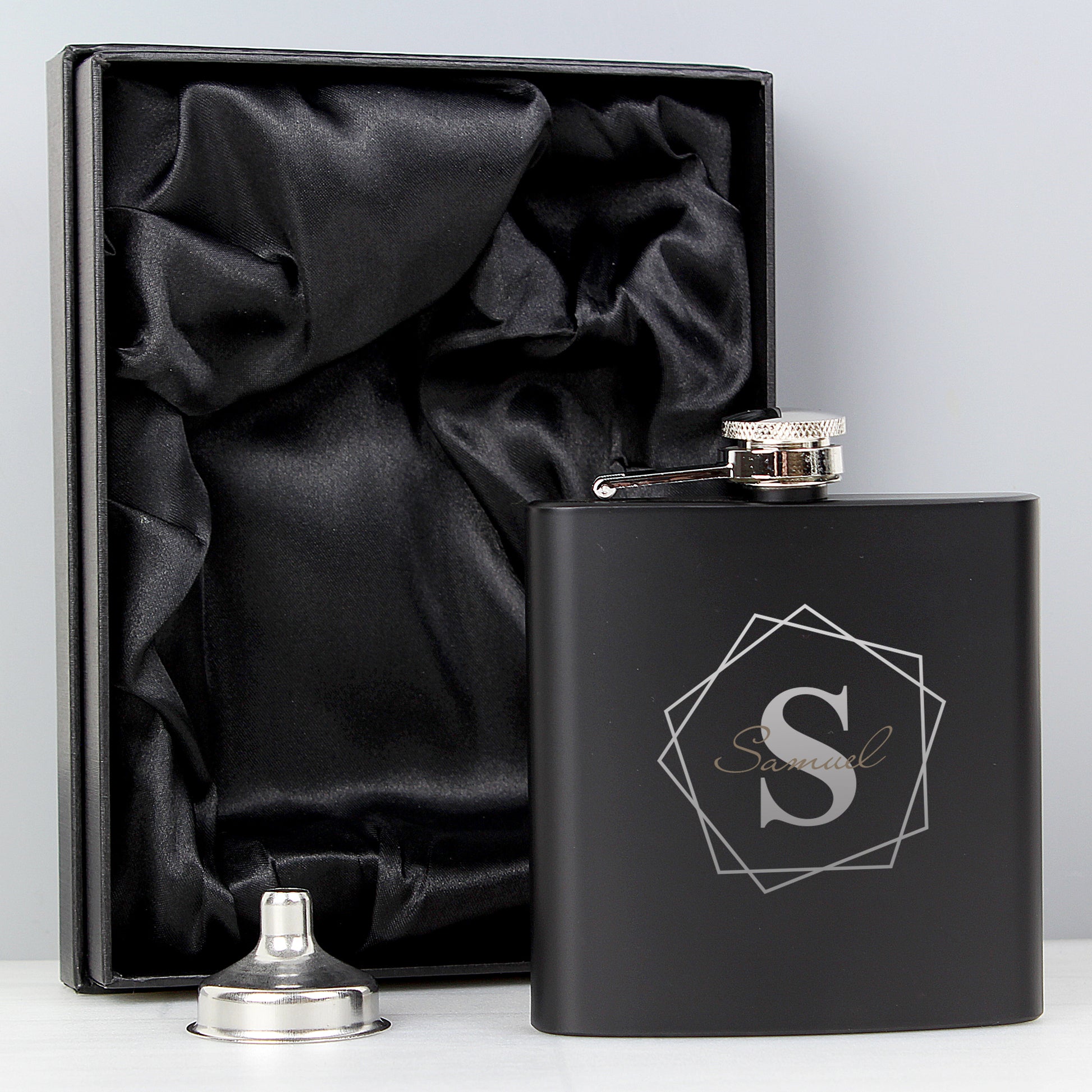 Personalised Geometric Initial Black Hip Flask - image 12