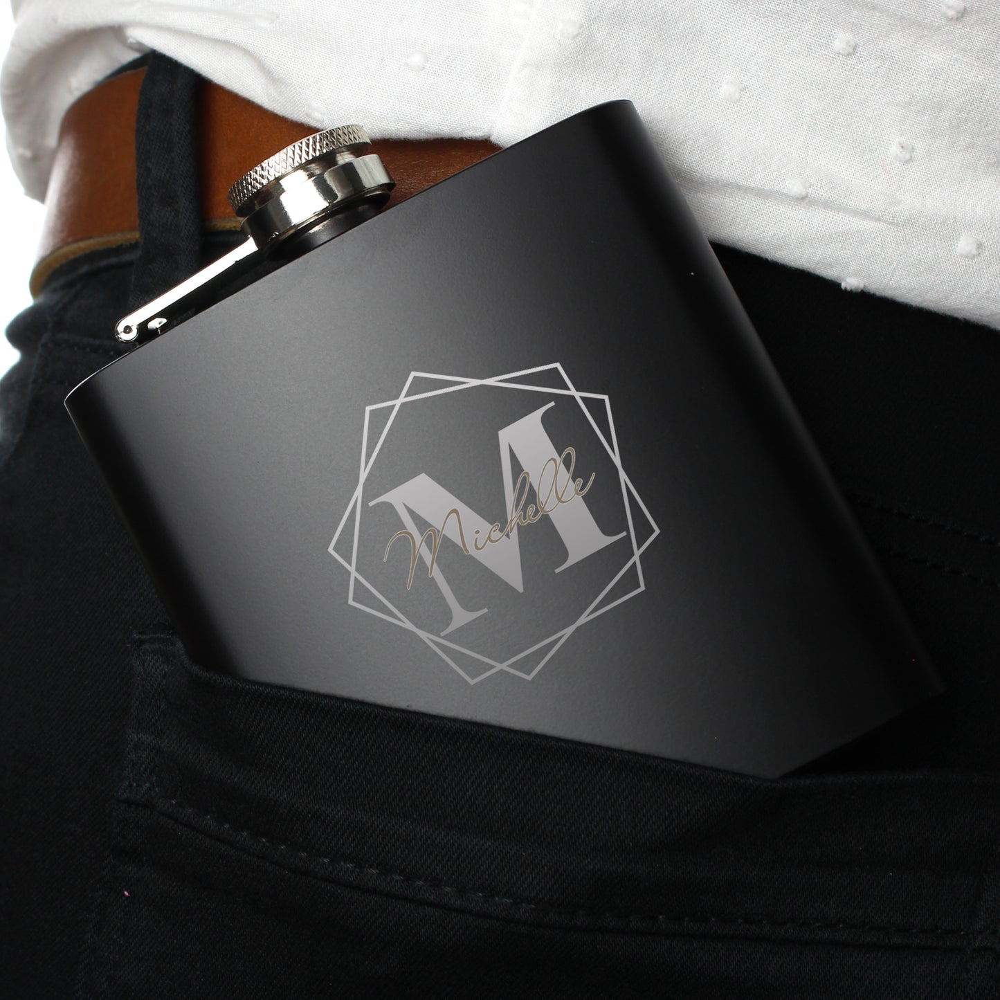 Personalised Geometric Initial Black Hip Flask - image 4