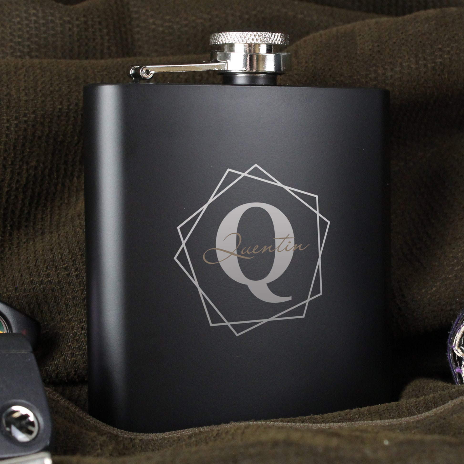 Personalised Geometric Initial Black Hip Flask - image 5