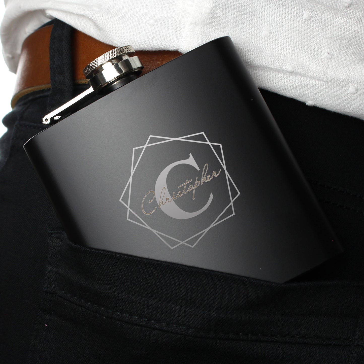 Personalised Geometric Initial Black Hip Flask - image 6