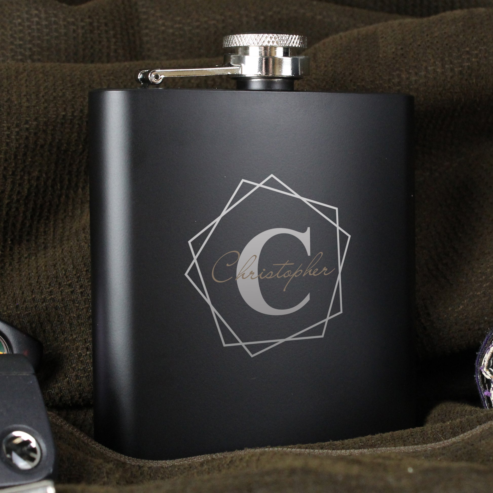 Personalised Geometric Initial Black Hip Flask - image 7