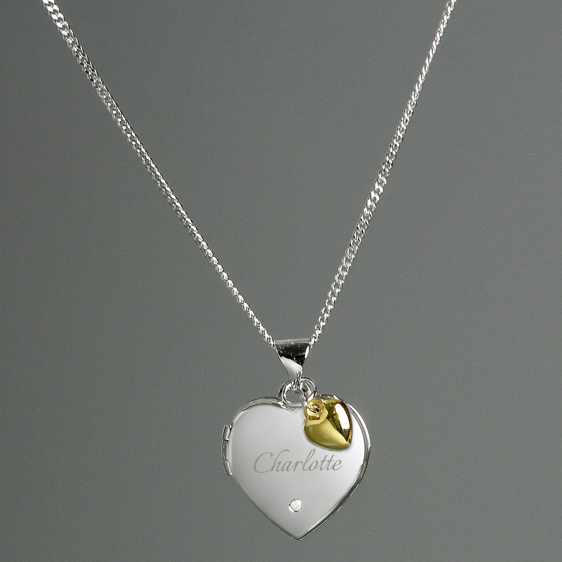 Personalised Sterling Silver Heart Locket Necklace with Diamond and 9ct Gold Charm from Heartfelt Gifts