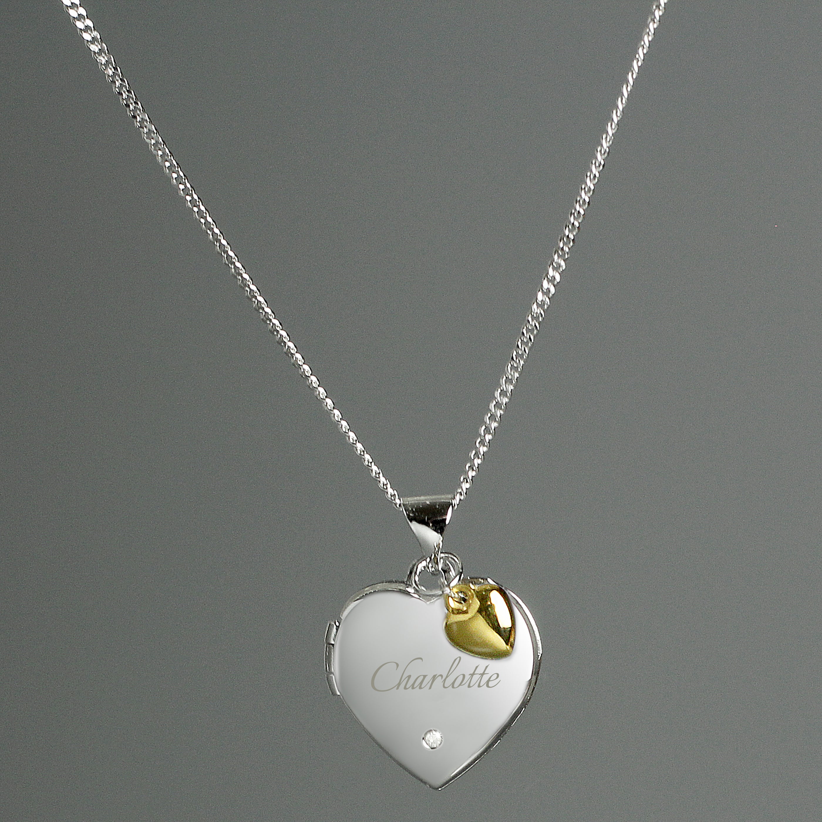 Personalised Sterling Silver Heart Locket Necklace with Diamond and 9ct Gold Charm from Heartfelt Gifts